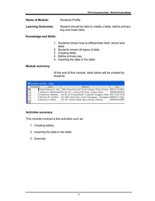 ICTL for Secondary School - Microsoft Access Module
9
Name of Module: Students Profile
Learning Outcomes: Student should be able to create a table, define primary
key and insert data.
Knowledge and Skills:
1. Students known how to differentiate field, record and
table
2. Students known all types of data
3. Creating table.
4. Define primary key
5. Inserting the data in the table.
Module summary:
At the end of this module, table below will be created by
students.
Activities summary:
This module involved a few activities such as;
1. Creating tables.
2. Inserting the data in the table.
3. Exercise.
 