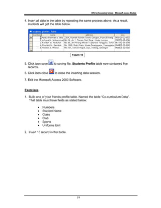 ICTL for Secondary School - Microsoft Access Module
19
4. Insert all data in the table by repeating the same process above. As a result,
students will get the table below.
5. Click icon save to saving file. Students Profile table now contained five
records.
6. Click icon close to close the inserting data session.
7. Exit the Microsoft Access 2003 Software.
Exercises
1. Build one of your friends profile table. Named the table “Co-curriculum Data”.
That table must have fields as stated below:
• Numbers
• Student Name
• Class
• Club
• Sports
• Uniforms Unit
2. Insert 10 record in that table.
Figure 16
 