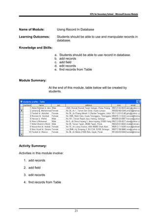 ICTL for Secondary School - Microsoft Access Module
Name of Module: Using Record In Database
Learning Outcomes: Students should be able to use and manipulate records in
database.
Knowledge and Skills:
a. Students should be able to use record in database.
b. add records
c. add field
d. edit records
e. find records from Table
Module Summary:
At the end of this module, table below will be created by
students.
Activity Summary:
Activities in this module involve:
1. add records
2. add field
3. edit records
4. find records from Table
21
 