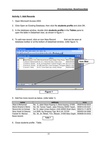 ICTL for Secondary School - Microsoft Access Module
Activity 1: Add Records
1. Open Microsoft Access 2003
2. Click Open an Existing Database, then click file students profile and click OK.
3. In the database window, double click students profile in the Tables pane to
open the table in Datasheet view, as shown in figure 1.
4. To add new record, click on icon New Record that can be seen at
database toolbar or at the bottom of datasheet window. (refer figure 1).
5. Add five more record as below. (refer table 1)
name address icno
Alias b Mohamad No. 5, Jalan Desa Kayang 3, Desa kayang, 01000
Kangar.
950918-02-5533
Mohd Shahid b Mohd
Som
No. 39, Taman Tapah, Jalan Pahang 35000 Tapah,
Perak.
950912-05-5321
Noorul-Aini bt Ambak No 15, Jalan Limau Kasturi, 4/4A 40000 Shah Alam,
Selangor.
950212-11-5678
Noor Asiah bt Zakaria Lot 2646, Kg Simpang Tiga, Bt 6 3/4, 53100
Gombak, Selangor
950402-04-5566
Fasitah bt. Mansor No. 36, Jln. Melati, Tmn. Mewah, 31000 Batu Gajah,
Perak
950606-03-5432
Save record.
6. Close students profile : Table.
22
Table 1
Figure 1
Icon New
 