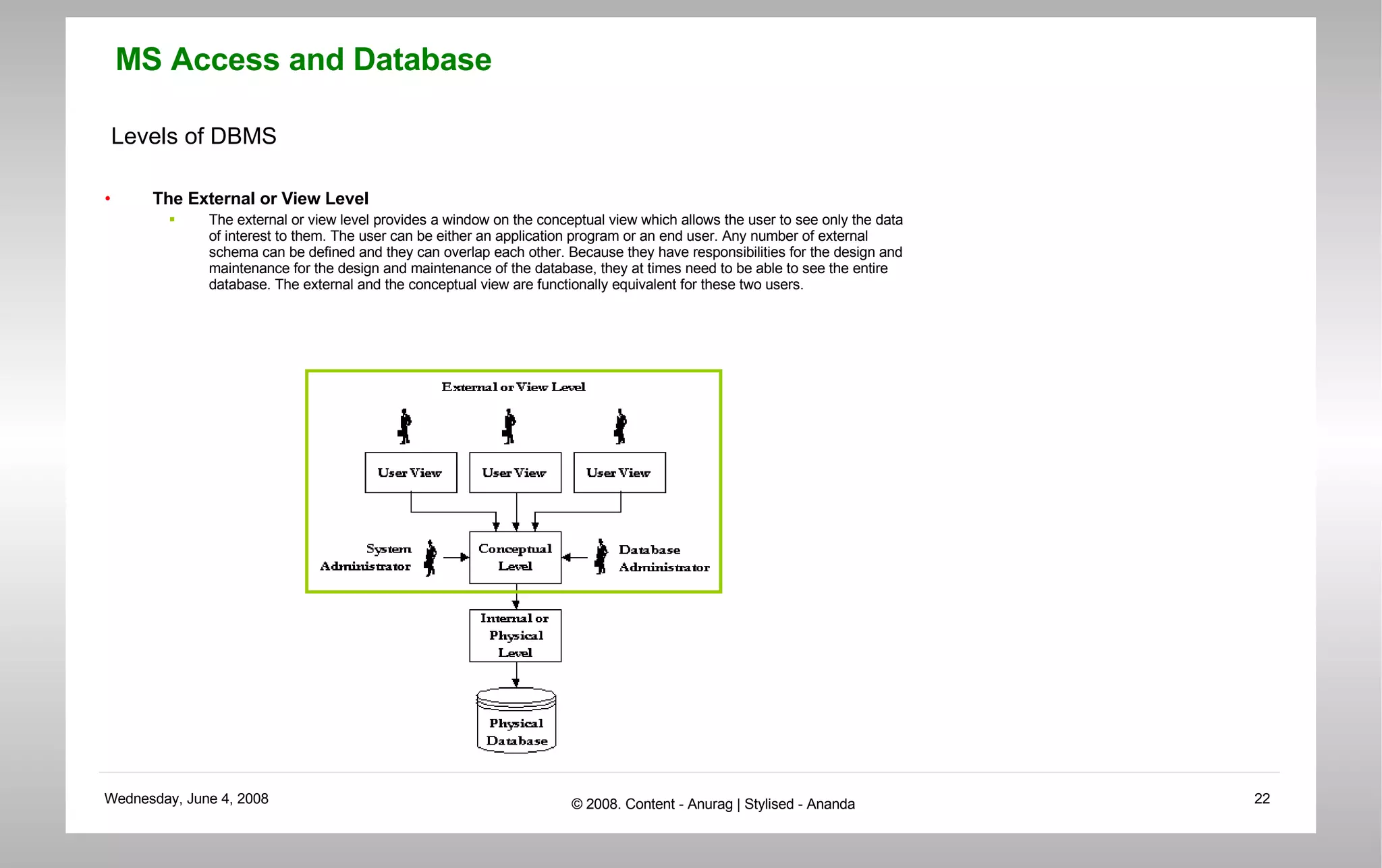 Levels of DBMS The External or View Level The external or view level provides a window on the conceptual view which allows the user to see only the data of interest to them. The user can be either an application program or an end user. Any number of external schema can be defined and they can overlap each other. Because they have responsibilities for the design and maintenance for the design and maintenance of the database, they at times need to be able to see the entire database. The external and the conceptual view are functionally equivalent for these two users.  