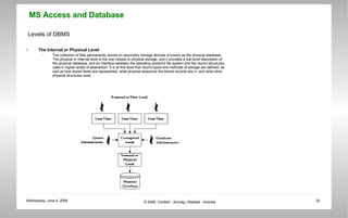 Levels of DBMS The Internal or Physical Level The collection of files permanently stored on secondary storage devices is known as the physical database. The physical or internal level is the one closest to physical storage, and it provides a low-level description of the physical database, and an interface between the operating system's file system and the record structures used in higher levels of abstraction. It is at this level that record types and methods of storage are defined, as well as how stored fields are represented, what physical sequence the stored records are in, and what other physical structures exist.  