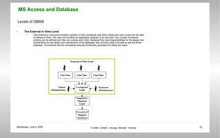 Levels of DBMS <ul><li>The External or View Level </li></ul><ul><ul><li>The external or view level provides a window on th...
