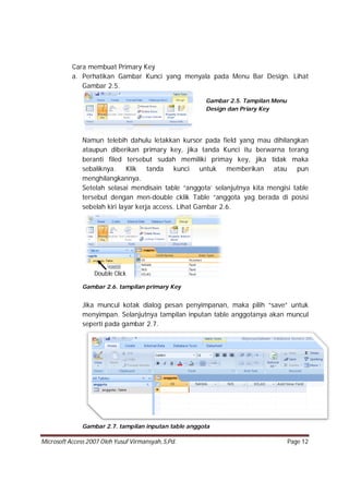 Microsoft Access 2007 Oleh Yusuf Virmansyah, S,Pd. Page 12
Cara membuat Primary Key
a. Perhatikan Gambar Kunci yang menyala pada Menu Bar Design. Lihat
Gambar 2.5.
Namun telebih dahulu letakkan kursor pada field yang mau dihilangkan
ataupun diberikan primary key, jika tanda Kunci itu berwarna terang
beranti filed tersebut sudah memiliki primay key, jika tidak maka
sebaliknya. Klik tanda kunci untuk memberikan atau pun
menghilangkannya.
Setelah selasai mendisain table “anggota’ selanjutnya kita mengisi table
tersebut dengan men-double cklik Table “anggota yag berada di posisi
sebelah kiri layar kerja access. Lihat Gambar 2.6.
Gambar 2.6. tampilan primary Key
Jika muncul kotak dialog pesan penyimpanan, maka pilih “save” untuk
menyimpan. Selanjutnya tampilan inputan table anggotanya akan muncul
seperti pada gambar 2.7.
Gambar 2.7. tampilan inputan table anggota
Double Click
Gambar 2.5. Tampilan Menu
Design dan Priary Key
 