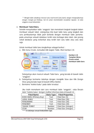 Microsoft Access 2007 Oleh Yusuf Virmansyah, S,Pd. Page 13
** Mengisi table sebaiknya merurut satu row/record (satu baris) Jangan mengerjakannya
dengan mengisi per-fieldnya, hal ini untuk meminimalisir kesalahan inputan. Isi data
anggota sesuai kebutuhan.
 Membuat Tabel Baru
Setelah menyelsaikan table “anggota” dan memahami langkah langkah dalam
membuat sebuah tabel, selanjutnya kita buat table baru yang langkah dan
cara pembuatannya tidak jauh berbeda dengan membuat table pertama.
pada umumnya sebuah database terdiri atas berbagai data tabel, dan jarang
sekali database yang terbentuk atau terdiri dari satu table atau satu data
saja.
Untuk membuat table baru langkahnya sebagai berikut :
a. Klik menu Create, kemudian klik bagian Table, lihat Gambar 2.8.
Selanjutnya akan muncul sebuah Tabel baru yang berada di bawah table
“anggota”.
b. Selanjutnya berinama tabelnya dengan mengklik View dan Klik Design
View yang berada tepat di bawah Office Button.
c. Berinama “koleksi buku” pada table tersebut.
Jika telah memahami dari cara membuat table “anggota”, coba Desain
tabel “koleksi buku” dengan melihat informasi data di bawah ini :
Filed Name Data Type Filed Properties
KODE BUKU (Primary Key) Text Filed Size (5)
JUDUL BUKU Text Filed Size (30)
PENGARANG Text Filed Size (30)
PENERBIT Text Filed Size (30)
TAHUN TERBIT Number Filed Size (Integer)
STOK Number Filed Size (Integer)
*** Isi datanya sesuai kebutuhan saja.
Gambar 2.8.
Tampilan Menu
Create untuk
membuat table baru
 