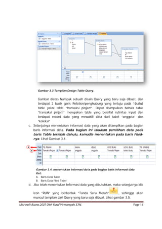 Microsoft Access 2007 Oleh Yusuf Virmansyah, S,Pd. Page 16
Gambar 3.3 Tampilan Design Table Query.
Gambar diatas Nampak sebuah disain Query yang baru saja dibuat, dan
terdapat 2 buah garis Relation/penghubung yang tertuju pada 1(satu)
table yakni table “transaksi pinjam”. Dapat disimpulkan bahwa table
“transaksi pinjam” merupakan table yang bersifat rutinitas input dan
terdapat record data yang mewakili data dari tabel “anggota” dan
“koleksi”
c. Selanjutnya menentukan informasi data yang akan ditampilkan pada bagian
baris informasi data. Pada bagian ini lakukan pemilihan data pada
baris Table terlebih dahulu, kemudia menentukan pada baris Filed-
nya. Lihat Gambar 3.4.
Gambar 3.4. menentukan informasi data pada bagian baris informasi data
Ket:
A. Baris Data Tabel
B. Baris Data Filed Tabel
d. Jika telah menentukan Informasi data yang dibutuhkan, maka selanjutnya klik
icon “RUN” yang berbentuk “Tanda Seru Merah” , sehingga akan
muncul tampilan dari Query yang baru saja dibuat. Lihat gambar 3.5.
A
B
 