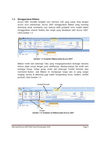 Microsoft Access 2007 Oleh Yusuf Virmansyah, S,Pd. Page 5
TabTombol Perintah
Groups
1.3. Menggunakan Ribbon
Access 2007 memiliki tampilan user interface (UI) yang cukup mirip dengan
access versi sebelumnya. Access 2007 menggunakan Ribbon yang memang
dirancang untuk membantu user bekerja lebih produktif serta mudah dalam
menggunakan seluruh fasilitas dan fungsi yang disediakan oleh Access 2007.
Lihat Gambar 1.4
Gambar 1.4 Tampilan Ribbon pada Access 2007
Ribbon terdiri dari beberapa Tabs yang mengorganisasikan berbagai skenario
khusus objek sesuai dengan jenis aktifitasnya. Masing-masing Tab terdiri dari
berbagai Group. Setiap group terdiri dari beberapa Tombol Perintah atau
Command Button. Jadi Ribbon ini mempunyai fungsi dan isi yang sangat
lengkap, karena di dalamnya juga sudah mengandung menu, toolbars, tombol
perintah. Lihat Gambar 1.5
Gambar 1.5 Tampilan isi Ribbon pada Access 2007
 