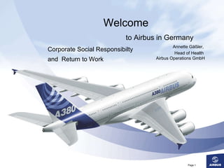 Welcome   to Airbus in Germany Annette Gäßler,  Head of Health  Airbus Operations GmbH Corporate Social Responsibilty  and  Return to Work  Page  