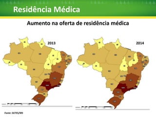 Residência Médica 
Aumento de 552% na oferta de bolsas 
de residência médica pelo Ministério da Saúde 
785 
1253 
1803 
2546 
5125 
2010 2011 2012 2013 2014 
Fonte: SGTES/MS 
 