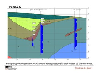 Mecânica dos Solos 1
Perfil geológico-geotécnico da Av. Aliados no Porto (projeto da Estação Aliados do Metro do Porto).
Perfil A-A′
 