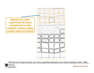 Mecânica dos Solos
Pisa, Itália
Perfil de um maciço rochoso com zona superficial alterada e com solos residuais (Little, 1969).
Mantêm-se como
superfícies de baixa
resistência no solo
residual, embora sejam
muitas vezes invisíveis!
 