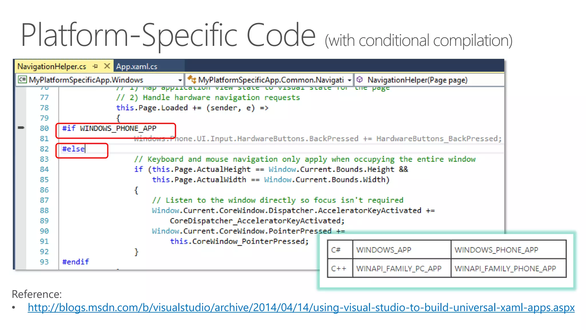 Reference:
• http://marcominerva.wordpress.com/2014/04/22/how-to-share-code-among-different-universal-windows-apps/
“This type of project has been improved in Visual Studio 2013 Update 2 and
now, if we target Windows 8.1 and Windows Phone 8.1, we’ll be able to use all
the common APIs.
However, PCL produces a single binary that works as is in all the supported
projects. Handling divergent APIs requires using higher-level abstractions, such
as dependency injection or IoC containers. We can’t simply use conditional if to
define platform specific code.”
How about using a Portable Class Library (PCL)?
 
