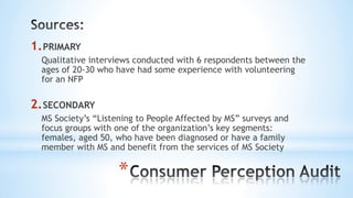 *
1.PRIMARY
Qualitative interviews conducted with 6 respondents between the
ages of 20-30 who have had some experience with volunteering
for an NFP
2.SECONDARY
MS Society’s “Listening to People Affected by MS” surveys and
focus groups with one of the organization’s key segments:
females, aged 50, who have been diagnosed or have a family
member with MS and benefit from the services of MS Society
 