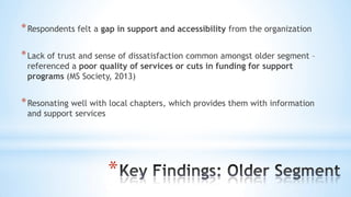 *
*Respondents felt a gap in support and accessibility from the organization
*Lack of trust and sense of dissatisfaction common amongst older segment –
referenced a poor quality of services or cuts in funding for support
programs (MS Society, 2013)
*Resonating well with local chapters, which provides them with information
and support services
 