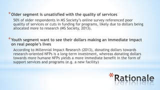 *
*Older segment is unsatisfied with the quality of services
50% of older respondents in MS Society’s online survey referenced poor
quality of services or cuts in funding for programs, likely due to dollars being
allocated more to research (MS Society, 2013).
*Youth segment want to see their dollars making an immediate impact
on real people’s lives
According to Millennial Impact Research (2013), donating dollars towards
research-oriented NFPs is a long-term investment, whereas donating dollars
towards more humane NFPs yields a more immediate benefit in the form of
support services and programs (e.g. a new facility)
 