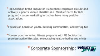 *
*Top Canadian brand known for its excellent corporate culture and
actively supports various charities (i.e. WestJet Cares for Kids
program) - cause marketing initiatives have many positive
associations
*Focuses on Canadian youth, building communities, and having fun
*Sponsor youth-oriented fitness programs with MS Society that
promote active lifestyles, encouraging healthy bodies and minds
 