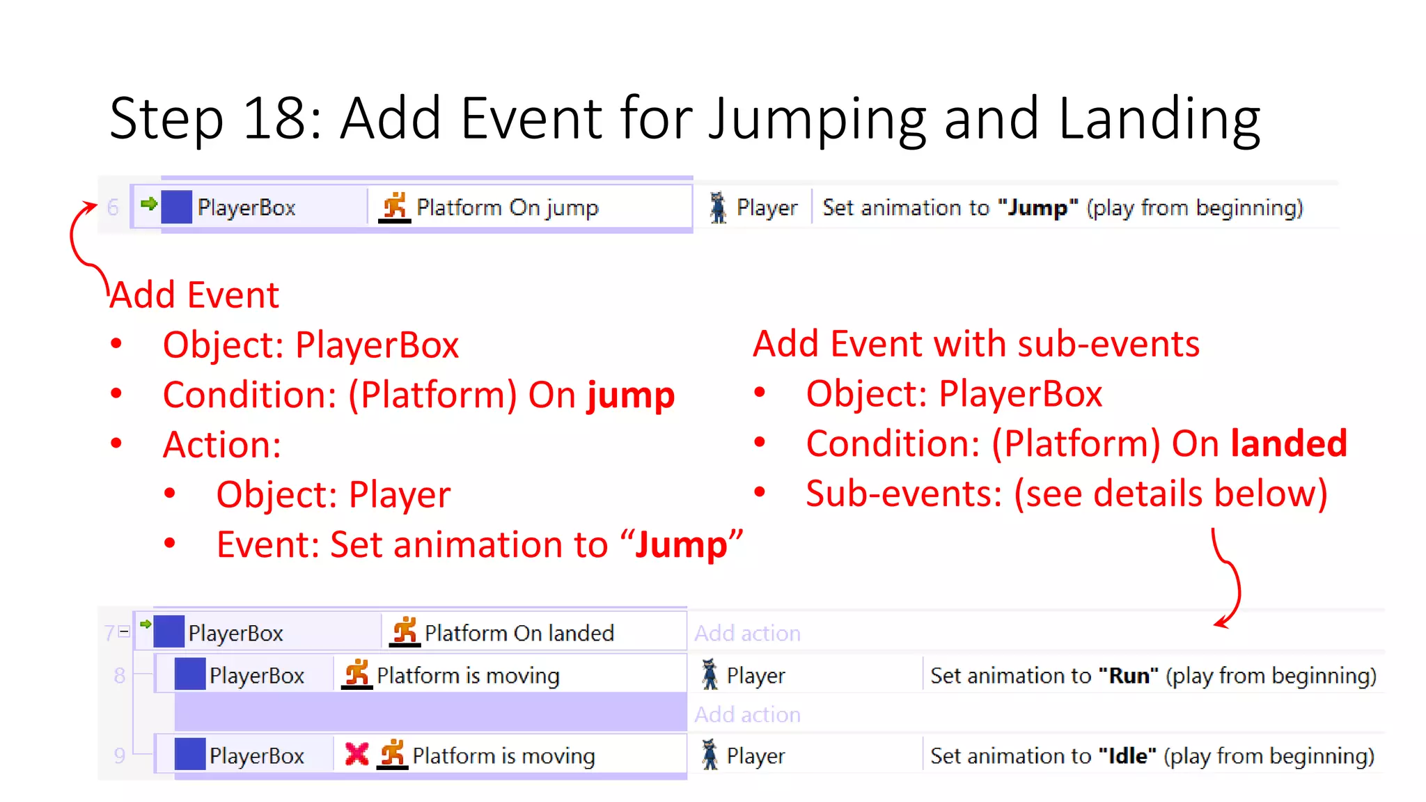 Step 18: Add Event for Jumping and Landing 
Add Event 
• Object: PlayerBox 
• Condition: (Platform) On jump 
• Action: 
• Object: Player 
• Event: Set animation to “Jump” 
Add Event with sub-events 
• Object: PlayerBox 
• Condition: (Platform) On landed 
• Sub-events: (see details below) 
 