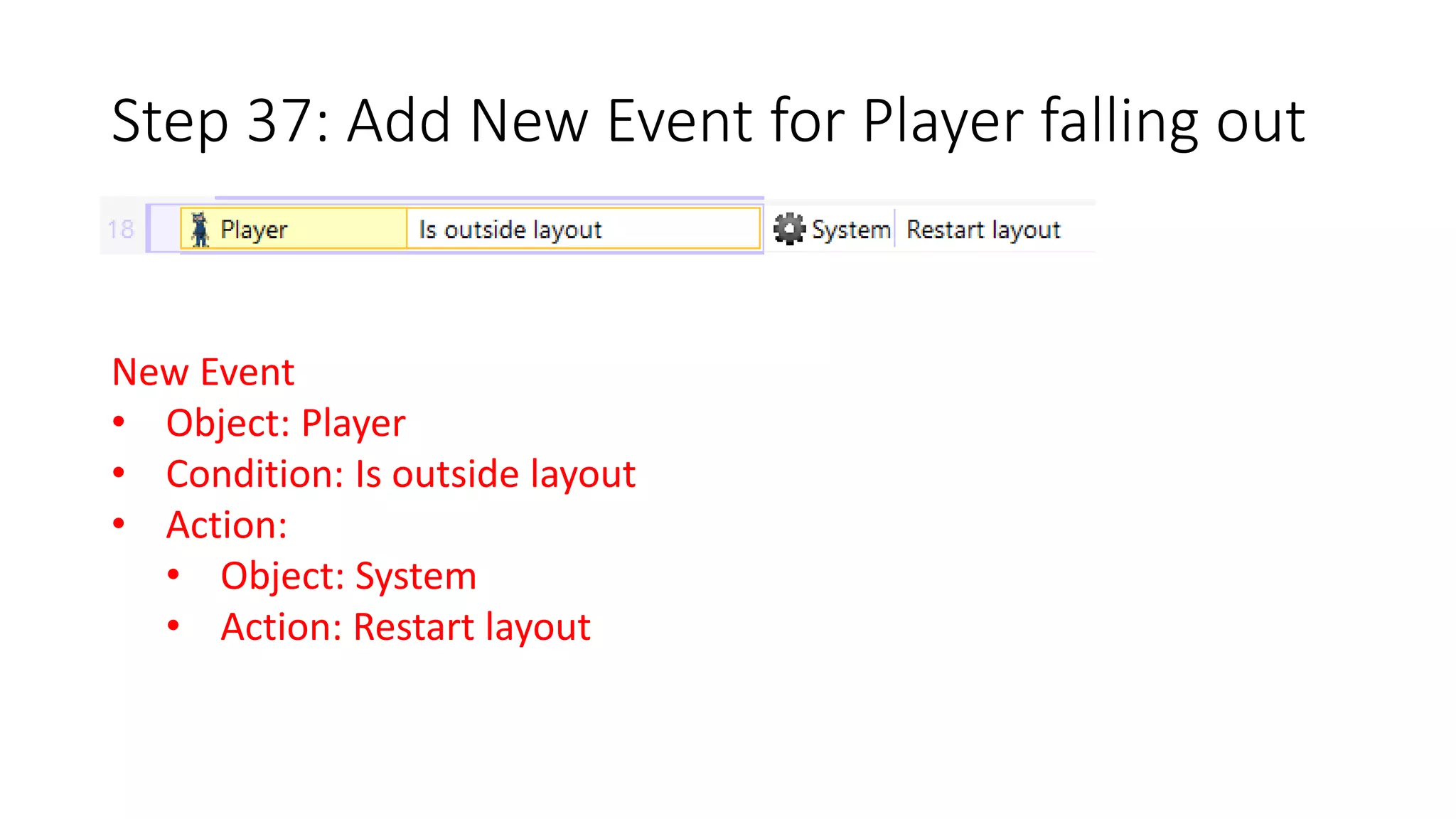 Step 37: Add New Event for Player falling out 
New Event 
• Object: Player 
• Condition: Is outside layout 
• Action: 
• Object: System 
• Action: Restart layout 
 