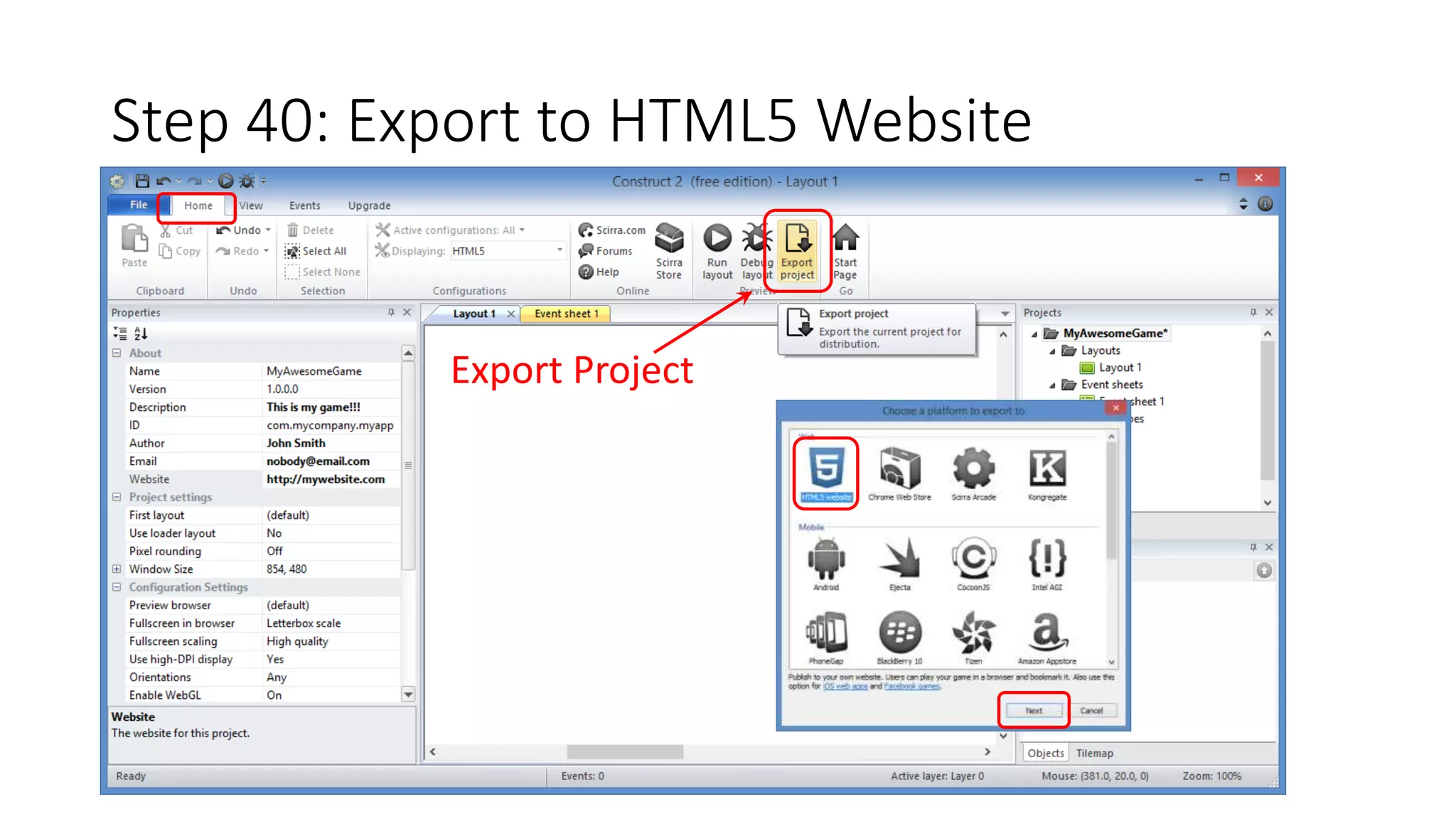 Step 40: Export to HTML5 Website 
Export Project 
 
