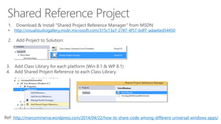 1. Download & Install “Shared Project Reference Manager” from MSDN: 
• http://visualstudiogallery.msdn.microsoft.com/315c13a7-2787-4f57-bdf7-adae6ed54450 
2. Add Project to Solution: 
3. Add Class Library for each platform (Win 8.1 & WP 8.1) 
4. Add Shared Project Reference to each Class Library. 
Ref: http://marcominerva.wordpress.com/2014/04/22/how-to-share-code-among-different-universal-windows-apps/ 
 