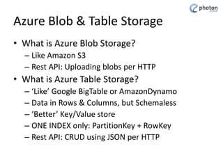 Azure Blob Storage
•
•
•
•
•

Install-Package WindowsAzure.Storage (VS)
Create blob client
Get container reference
Get Blo...