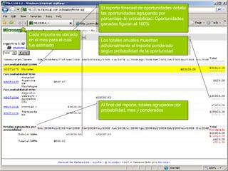 El reporte forecast de oportunidades detalle las oportunidades agrupando por porcentaje de probabilidad. Oportunidades ganadas figuran al 100% Cada importe es ubicado en el mes para el cual fue estimado Los totales anuales muestran adicionalmente el importe ponderado según probabilidad de la oportunidad Al final del reporte, totales agrupados por probabilidad, mes y ponderados 