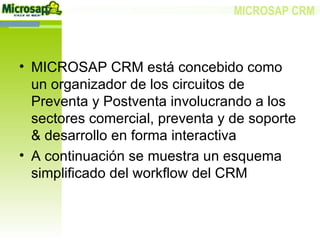 MICROSAP CRM está concebido como un organizador de los circuitos de Preventa y Postventa involucrando a los sectores comercial, preventa y de soporte & desarrollo en forma interactiva A continuación se muestra un esquema simplificado del workflow del CRM 
