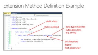 static class 
static method 
data type matches 
extended class 
e.g. string 
this keyword 
before 
first parameter 
 