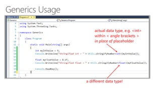 actual data type, e.g. <int> 
within < angle brackets > 
in place of placeholder 
a different data type! 
 