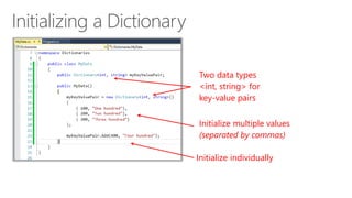 Two data types 
<int, string> for 
key-value pairs 
Initialize multiple values 
(separated by commas) 
Initialize individually 
 