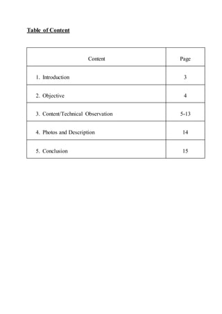 Table of Content
Content Page
1. Introduction 3
2. Objective 4
3. Content/Technical Observation 5-13
4. Photos and Description 14
5. Conclusion 15
 