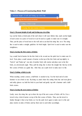 Video 1 - Process of Constructing Brick Wall
Step 1: Measure height of wall and Setting up a level line
Lay out the bricks at both ends of the wall where it will start. Before that, mark out the height
of each course on a piece of wood so it can be used as a guide to make sure it is straight.
Then, put the piece of wood next to the wall and so can feed the string line on it. The string
line is used to make a straight guideline for brick height. Sprit level is used to make sure the
straightness.
Step 2. Laying the first course of bricks
Lay a small bed of mortar for the first brick to lie on and use the spirit level to make sure it’s
level. Next, place a small amount of mortar on the top of the first brick and tap slightly to
“bed-in” and “butter-up” one side of another brick with mortar and place next to the first
brick, at a downwards angle. Then, pull the string line to show the straight line that lay on the
first course of bricks as a guide line. After that, use a spirit level to make sure it is flat.
Step 3. Cutting a brick to size
When reaching certain courses, a half-brick is needed to lay. Use the back end of a claw
hammer to cut a brick to size. By doing so, mark where the cutting brick line and wear gloves
and safety glasses on, hold the brick in your hand and gently tap with a hammer until a half-
brick creates.
Step 4. Laying the next courses of bricks
Lastly, move the string line up to where the top of the next course of bricks will be. Use a
trowel to lay a bed of mortar on top of the first course of bricks. Then, use the trowel to
feather through it that to lay bricks on. Use the spirit level again to make sure it is flat and
place mortar on sides of bricks and lay them next to each other accordingly.
2. Laying the first course of bricks
3. Cutting a brick to size
4. Laying the next courses of bricks
1. Measure height of wall and Setting up a level line
 