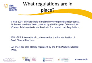What regulations are in
                   place?

•Since 2004, clinical trials in Ireland involving medicinal products
for human use have been covered by the European Communities
(Clinical Trials on Medicinal Products for Human Use) Regulations.



•ICH -GCP International conference for the harmonization of
Good Clinical Practice.

•All trials are also closely regulated by the Irish Medicines Board
(IMB).
 
