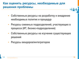 10www.pointlane.ru
• Собственные ресурсы на разработку и внедрение
необходимых политик и процедур
• Ресурсы смежных подразделений, участвующих в
процессе (ИТ, бизнес-подразделения)
• Собственные ресурсы на изучение существующих
решений
• Ресурсы вендоров/интеграторов
Как оценить ресурсы, необходимые для
решения проблемы
 
