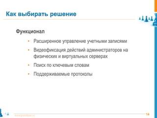 14www.pointlane.ru
Функционал
• Расширенное управление учетными записями
• Видеофиксация действий администраторов на
физических и виртуальных серверах
• Поиск по ключевым словам
• Поддерживаемые протоколы
Как выбирать решение
 