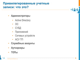 6www.pointlane.ru
• Администраторы
• Active Directory
• ОС
• СУБД
• Приложений
• Сетевых устройств
• АСУ ТП
• Служебные аккаунты
• Аутсорсеры
• ТОПы
Привилегированные учетные
записи: что это?
 