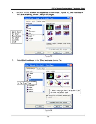 ICTL for Secondary School programme - Spreadsheet Module
105
4. The Chart Wizard Window will appear as shown below ( Figure 38). The first step of
the Chart Wizard (Column Chart) is displayed.
Figure 38
5. Select Pie Chart type, Under Chart sub-type choose Pie.
Figure 39
Scroll down
the Chart
Type to see
the other
available
chart
i. Pie Chart Type
ii. Pie – Displays the CONTRIBUTION
of each value to a total
 