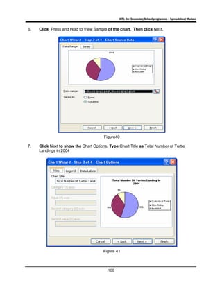 ICTL for Secondary School programme - Spreadsheet Module
106
6. Click Press and Hold to View Sample of the chart. Then click Next.
Figure40
7. Click Next to show the Chart Options. Type Chart Title as Total Number of Turtle
Landings in 2004
Figure 41
 