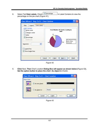 ICTL for Secondary School programme - Spreadsheet Module
107
8. Select Tab Data Labels. Check in Label Contains to view the
percentage on the pie chart (Figure 41).
Figure 42
9. Click Next. Then Chart Location Dialog Box will appear as shown below (Figure 42).
Set the option button to place the chart As object in Chart2.
Figure 43
 