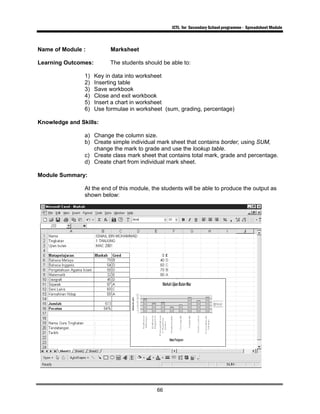 ICTL for Secondary School programme - Spreadsheet Module
66
Name of Module : Marksheet
Learning Outcomes: The students should be able to:
1) Key in data into worksheet
2) Inserting table
3) Save workbook
4) Close and exit workbook
5) Insert a chart in worksheet
6) Use formulae in worksheet (sum, grading, percentage)
Knowledge and Skills:
a) Change the column size.
b) Create simple individual mark sheet that contains border, using SUM,
change the mark to grade and use the lookup table.
c) Create class mark sheet that contains total mark, grade and percentage.
d) Create chart from individual mark sheet.
Module Summary:
At the end of this module, the students will be able to produce the output as
shown below:
 