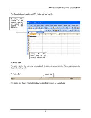 ICTL for Secondary School programme - Spreadsheet Module
6
The figure below shows the cell A1, (column A and row 1)
8. Active Cell
The active cell is the currently selected cell (its address appears in the Name box); you enter
data in the active cell.
7. Status Bar
The status bar shows information about selected commands or procedures.
Name box – The
address of the
currently selected
(or active) cell
appears in the
Name box.
Active cell – The
active cell is the
currently selected cell
Status Bar
 