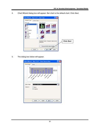ICTL for Secondary School programme - Spreadsheet Module
81
4. Chart Wizard dialog box will appear. Bar chart is the default chart. Click Next.
5. The dialog box below will appear.
Click Next
 
