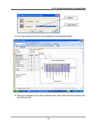 ICTL for Secondary School programme - Spreadsheet Module
83
13. Your mark sheet and chart are now complete and look like figure below :
14. Save your worksheet. If you want to print the chart, click on the chart area and then click
File, Print and OK.
1. Sheet 1
2. Click Finish
 