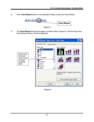 ICTL for Secondary School programme - Spreadsheet Module
87
3. Click Chart Wizard button on the Standard Toolbar to start the Chart Wizard..
Figure 3
4. The Chart Wizard Window will appear as shown below ( Figure 4). The first step of the
Chart Wizard (Column Chart) is displayed.
Figure 4
Scroll down
the Chart
Type to see
the other
available
chart
Chart Wizard
 