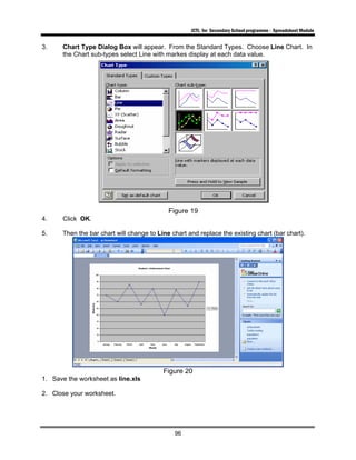 ICTL for Secondary School programme - Spreadsheet Module
96
3. Chart Type Dialog Box will appear. From the Standard Types. Choose Line Chart. In
the Chart sub-types select Line with markes display at each data value.
Figure 19
4. Click OK.
5. Then the bar chart will change to Line chart and replace the existing chart (bar chart).
Figure 20
1. Save the worksheet as line.xls
2. Close your worksheet.
 
