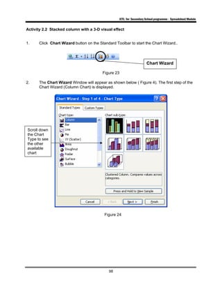 ICTL for Secondary School programme - Spreadsheet Module
98
Activity 2.2 Stacked column with a 3-D visual effect
1. Click Chart Wizard button on the Standard Toolbar to start the Chart Wizard..
Figure 23
2. The Chart Wizard Window will appear as shown below ( Figure 4). The first step of the
Chart Wizard (Column Chart) is displayed.
Figure 24
Chart Wizard
Scroll down
the Chart
Type to see
the other
available
chart
 