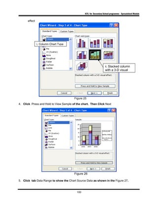 ICTL for Secondary School programme - Spreadsheet Module
effect
Figure 25
4. Click Press and Hold to View Sample of the chart. Then Click Next
Figure 26
5. Click tab Data Range to show the Chart Source Data as shown in the Figure 27.
100
i. Column Chart Type
ii. Stacked column
with a 3-D visual
 