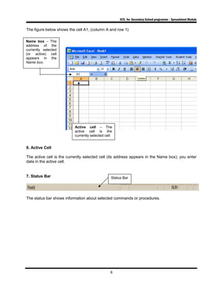 ICTL for Secondary School programme - Spreadsheet Module
The figure below shows the cell A1, (column A and row 1)
8. Active Cell
The active cell is the currently selected cell (its address appears in the Name box); you enter
data in the active cell.
7. Status Bar
The status bar shows information about selected commands or procedures.
6
Name box – The
address of the
currently selected
(or active) cell
appears in the
Name box.
Active cell – The
active cell is the
currently selected cell
Status Bar
 