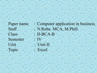Paper name : Computer application in business
Staff : N.Ruba MCA, M.Phill.
Class : II-BCA-B
Semester : IV
Unit : Unit-II
Topic : Excel
 