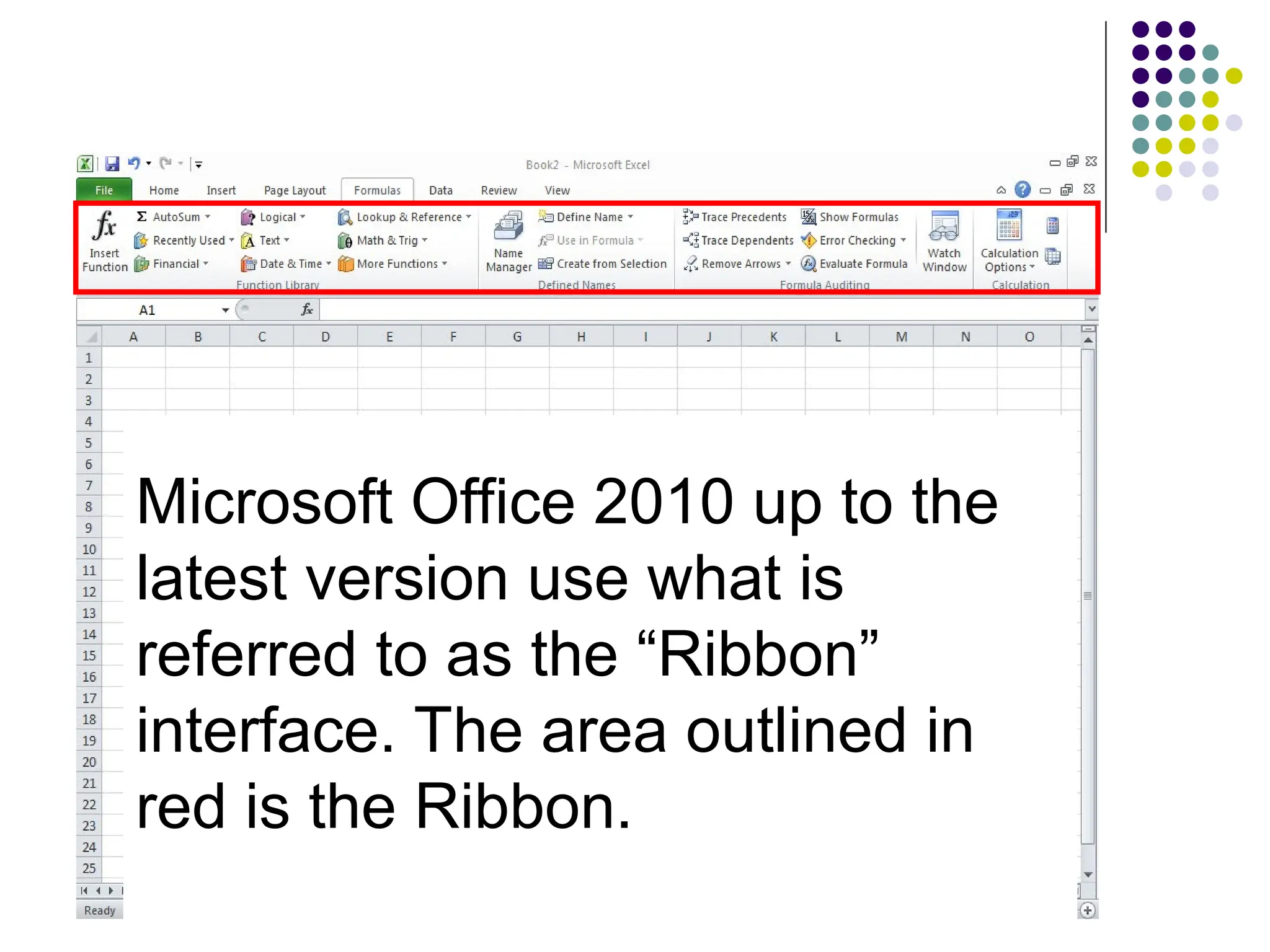 Microsoft Office 2010 up to the
latest version use what is
referred to as the “Ribbon”
interface. The area outlined in
red is the Ribbon.
 